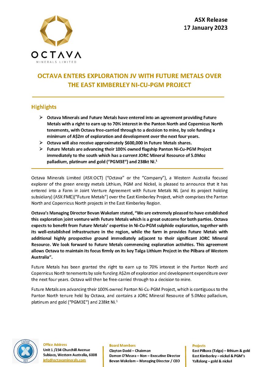 OctavaMins's tweet photo. $OCT enters #exploration JV with @_FutureMetals over the east Kimberley #nickel #copper #PGM project(s):  Panton North &amp; Copernicus North tenements, with #OctavaMinerals free-carried through to a decision to mine

$OCT 🔗 https://t.co/u4hclCaP2e
$FME 🔗 https://t.co/8Rp5Oxhx8i https://t.co/8nz47rF4tw