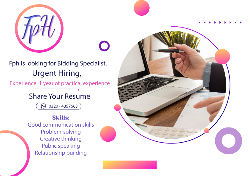 We Are Hiring Now.

#bidder #Bidding #exprince #new #job #opportunity #fph #hub #freelance #project #male #female #experts #lahore #skills