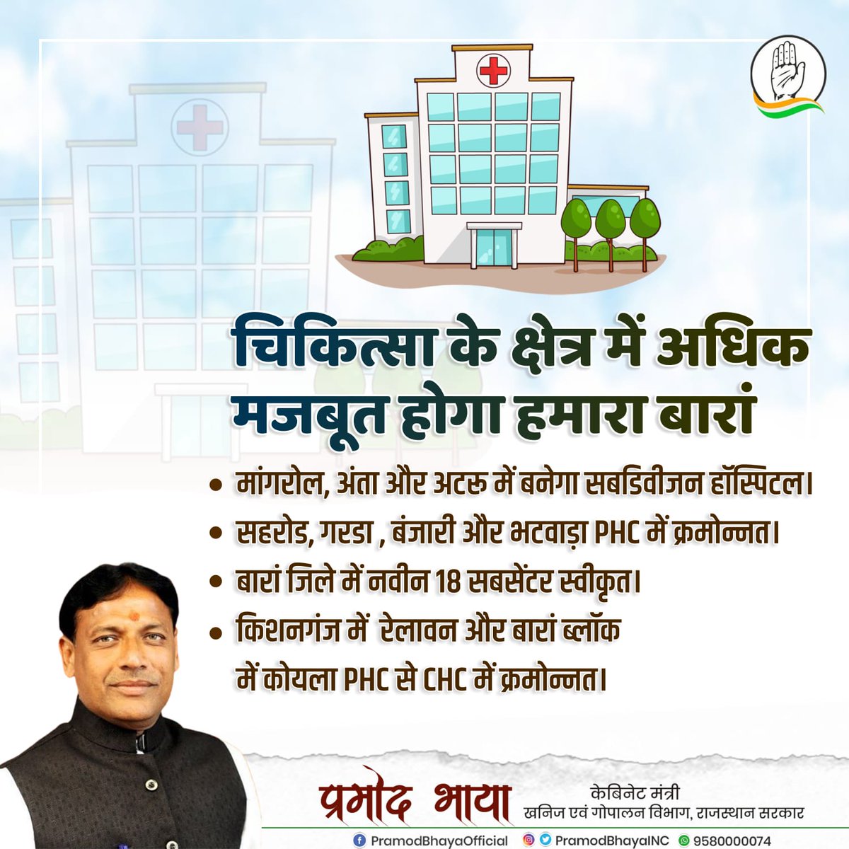 PramodBhayaINC's tweet photo. चिकित्सा के क्षेत्र में अधिक मजबूत होगा हमारा बारां
◆ मांगरोल, अंता और अटरू में बनेगा सबडिवीजन हॉस्पिटल।
◆ सहरोड, गरडा, बंजारी और भटवाड़ा PHC में क्रोमोन्नत।
◆ बारां जिले में नवीन 18 सबसेंटर स्वीकृत।
◆ किशनगंज में रेलावन और बारां ब्लॉक में कोयला PHC से CHC में क्रोमोन्नत। https://t.co/alMvalnXWY