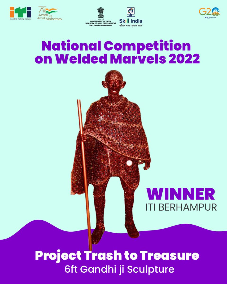 MSDESkillIndia's tweet photo. The team at Industrial Training Institutes, Berhampur brought great success in the “Trash to Treasure” national competition organised by International Institute of Welding. The first prize was won for the Gandhi sculpture made entirely out of automobile scraps. #SkillIndia #ITI https://t.co/F6l8ylGDLo