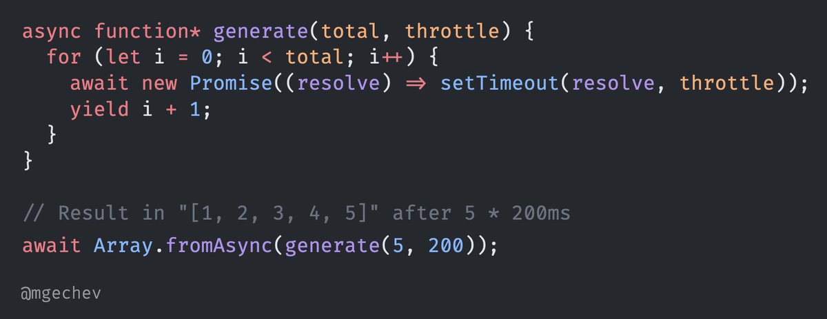 mgechev's tweet photo. Array.fromAsync allows you to get an array from an asynchronously generated collection.

Pretty neat utility method that is in stage 3 as of right now!

Read more 👉 https://t.co/7m1lcVNvNU
Give it a try 👉 https://t.co/C3B9ceeDmr https://t.co/ujXoGTHMYu