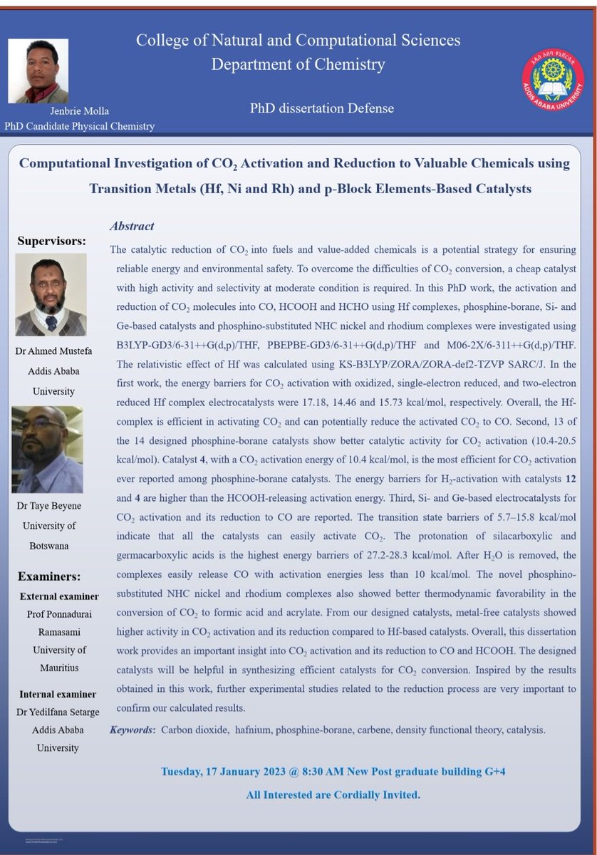 My student Jenberie is defending his PhD dissertation. #Ethiopia #PhDViva #CO2RR #ComputationalChemistry #Chemistry #AAU