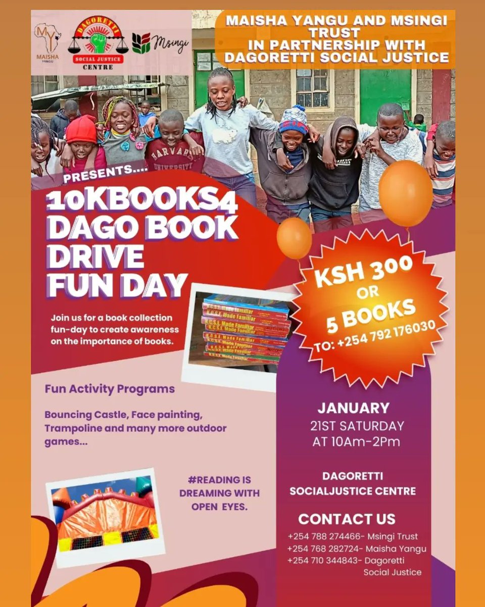 MsingiTrust's tweet photo. #10kbooks4dago Book Drive has been ongoing since October 🎉and we are so grateful for the books and inkind donations given so far
As we near the close of the Book Drive,Msingi Trust and Maisha Yangu in partnership with Dagoretti Social Justice have organised #10kbooks4dago Funday https://t.co/jJF7Pjjgzh