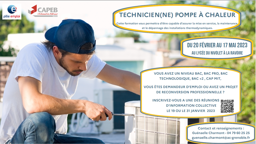 [#TousMobilisés] pour l'#emploi dans la sobriété énergétique

@poleemploi_ara &amp; <a href="/CAPEBSAVOIE/">CAPEB SAVOIE</a> organisent des réunions d'ℹ️ dans le cadre du lancement d'une #formation technicien pompe à chaleur H/F animée par <a href="/lesgreta/">Greta Formation - Académie de Grenoble</a>
Inscription mesevenementsemploi.pole-emploi.fr/mes-evenements…

#OnEstLàPourVous #Savoie