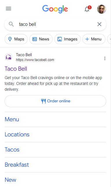 bheligman's tweet photo. @rustybrick - order online button appearing under Homepage in 10 blue links! Hat tip to @dtmdigital for finding it. Attached is an example. https://t.co/tmk7sT63MK