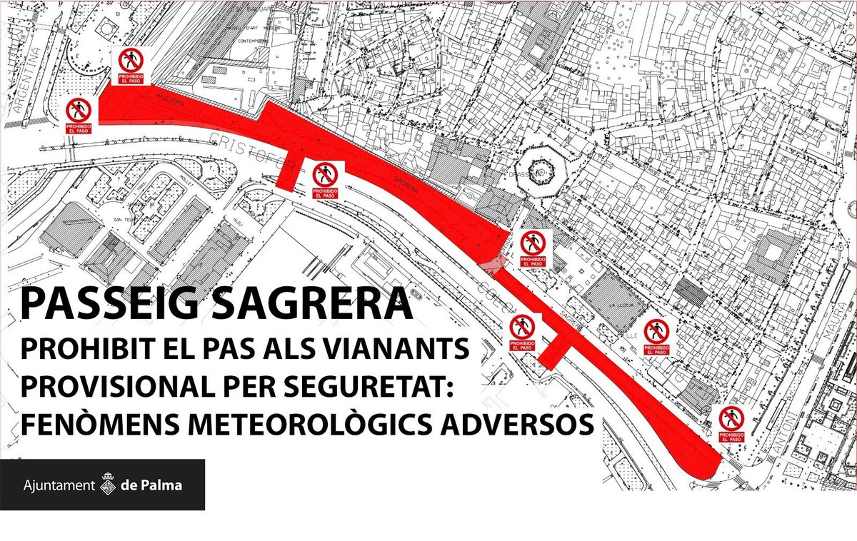 💨Avís ‼️ Per mor de l’alerta taronja per forts vents avui a Palma queda tancat fins les 13 hores l’accés per a vianants al passeig Sagrera

🚷Recordau evitar circular per zones amb arbrat i palmeres de grans dimensions