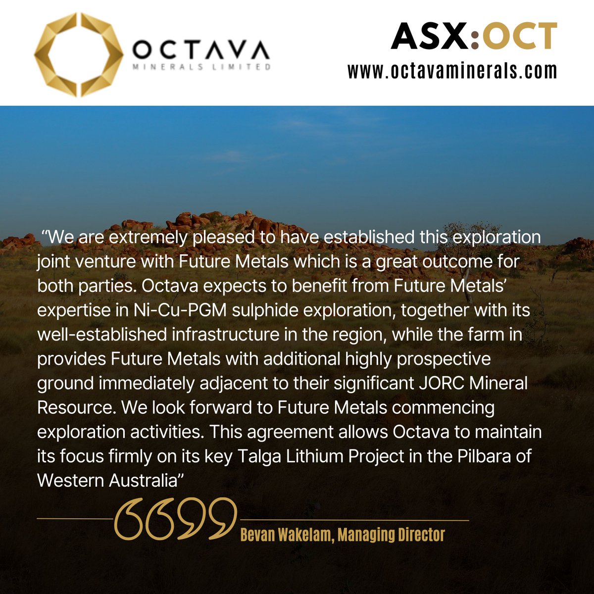 OctavaMins's tweet photo. $OCT #OctavaMinerals free-carried through to a decision to mine following #exploration Farm-in JV with @_FutureMetals over the east Kimberley #nickel #copper #PGM Panton North &amp; Copernicus North tenements 

More:
$OCT 🔗 https://t.co/u4hclCaP2e
$FME 🔗 https://t.co/8Rp5Oxhx8i https://t.co/UTtQHDxo0E