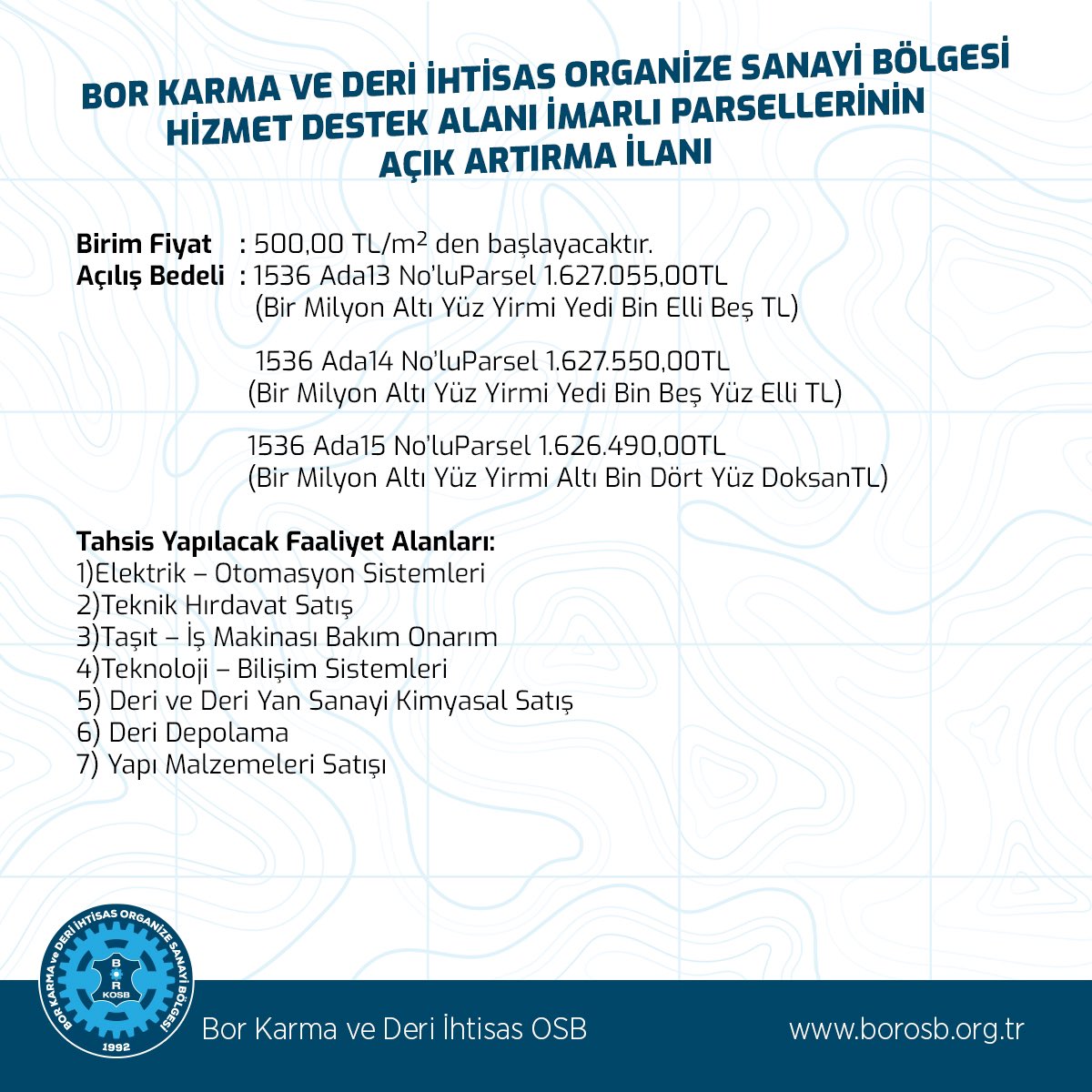 bor_deri's tweet photo. 📢İHALE İLANI

☑️ Hizmet Destek Alanı İmarlı Parsellerinin Açık Arttırma İlanı

📱Danışma Hattı: 0 (388) 315 00 01

📧 E- posta: info@borosb.org.tr

🌐 https://t.co/eOnkAse4Gz

#bor #niğde #nigde #niğdeömerhalisdemirüniversitesi #borosb #niğdemerkez #niğdebor https://t.co/ETHW2Xexd3