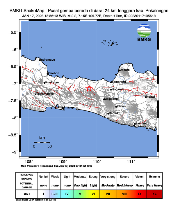 infoBMKG's tweet photo. #Gempa (UPDATE) Mag:2.2, 17-Jan-23 13:56:13 WIB, Lok:7.15 LS, 109.77 BT (Pusat gempa berada di darat 24 km tenggara kab. Pekalongan), Kedlmn:17 Km Dirasakan (MMI) III Batur, III Dieng #BMKG https://t.co/FHfmVl2qsh