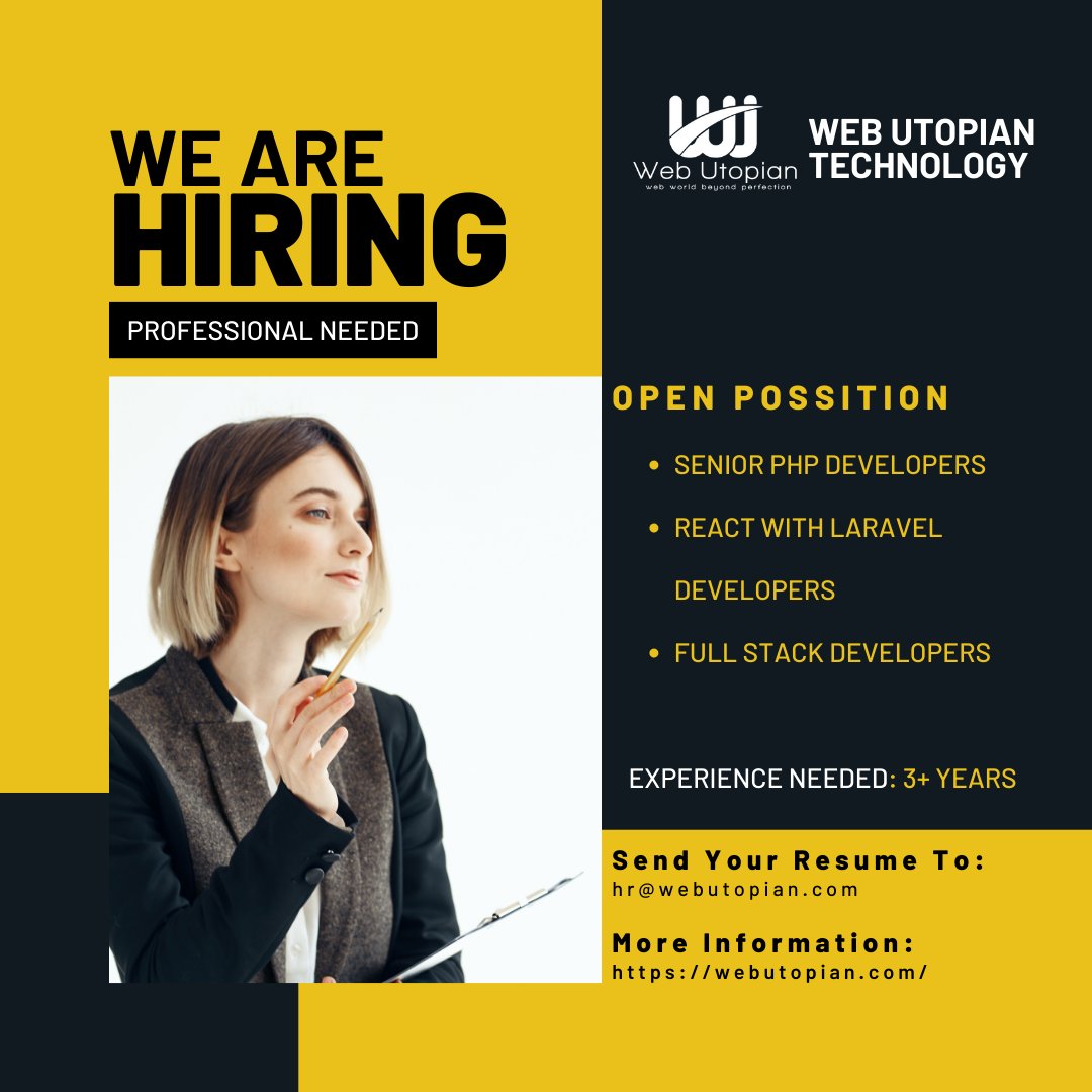 webutopiantech's tweet image. Web Utopian Technologies is looking for the following profiles.
1) #PHP_Developers (3-6yrs)
2) #Reactjs with #Laravel_Developers (3+yrs)
3) #Full_Stack_Developers (3+yrs)
𝐋𝐨𝐜𝐚𝐭𝐢𝐨𝐧- Building F- 539, Phase 8B, Mohali Tower, Industrial Area, Sector 74, Chandigarh