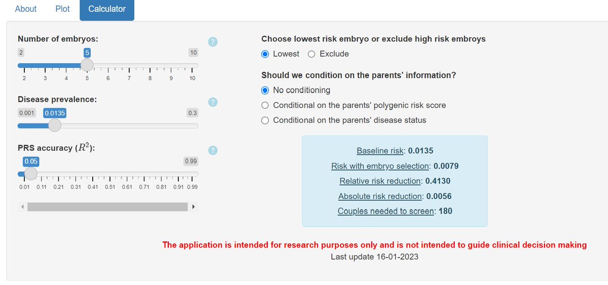 Are you a clinician/researcher interested in the pros and cons of screening IVF embryos for polygenic diseases (PGT-P)?
Check out our new online risk reduction calculator.
pgt-p-outcome-calculator.shinyapps.io/selectioncalc/