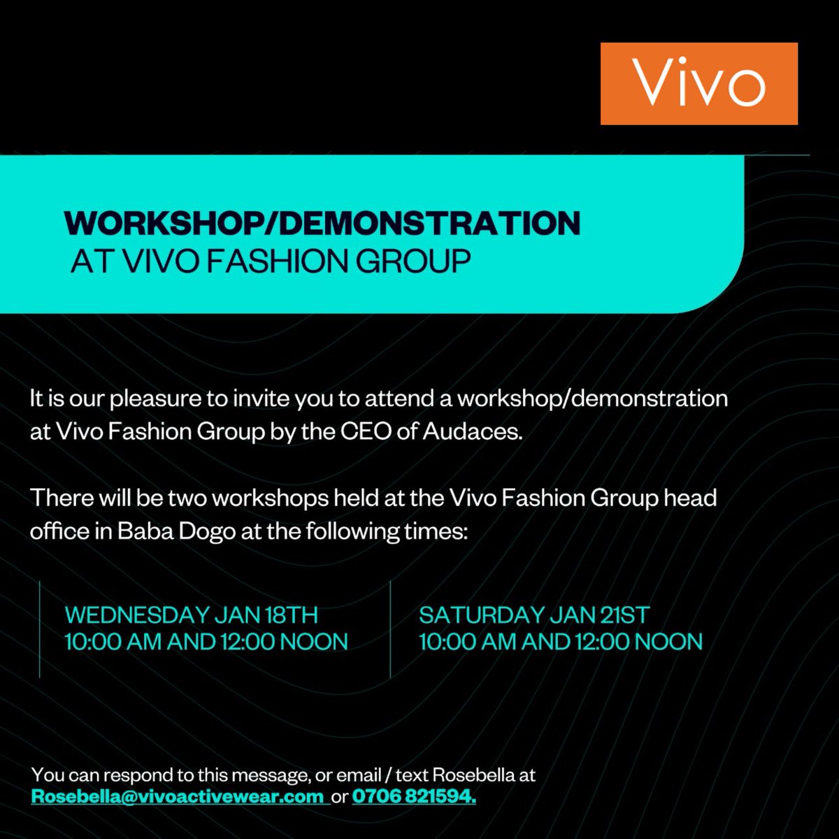 Audaces technology could be a game changer in lifting up our fashion and textile industry as a whole. And It is our pleasure to invite you to attend a demonstration at Vivo Fashion Group by the CEO of Audaces. See poster for details.