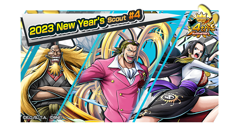 ONE PIECE Bounty Rush on X: 2023 New Year's Scout #4! The 2023 New Year's  Scout #4 with characters like FILM GOLD Gild Tesoro and STAMPEDE Boa  Hancock is now on! The