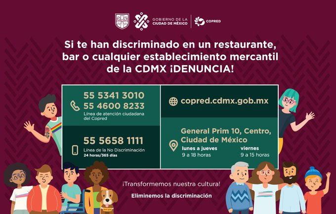 COPRED_CDMX's tweet photo. Recuerda que tus denuncias nos son muy valiosas. Si te discriminan en bares o restaurantes, acércate al Copred: https://t.co/twk9SNZmIM