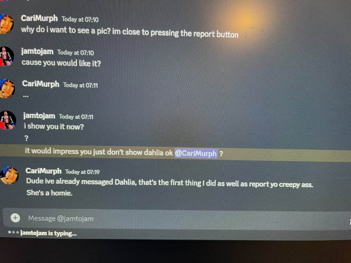 carimurph's tweet photo. FEMALE STREAMERS BEWARE: JAMTOJAM, JAMJAMTHEVIPER is joining female communities and then sending unsolicited sexually explicit images. These are from today. Excluding the dick pic obviously. He has been reported and blocked but he then came and harassed me on twitch. Be safe! https://t.co/5j0JXoziTB