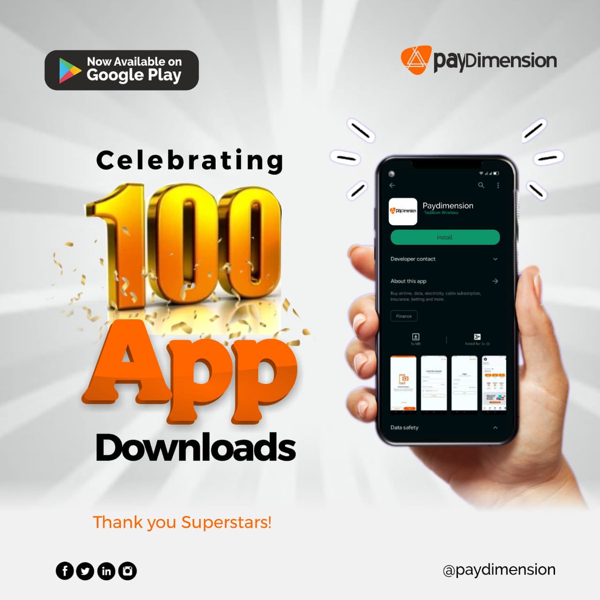 paydimension's tweet image. Hurray! 

We are happy to announce that we have hit 100+ downloads on Playstore.

We celebrate all our superstars who have made this possible.

Let&apos;s do more this week!

Happy New Week...

#paydimension
#rechargeandearn
#onlinepayments
#trending
#trendingnow
#fintech
#CBN