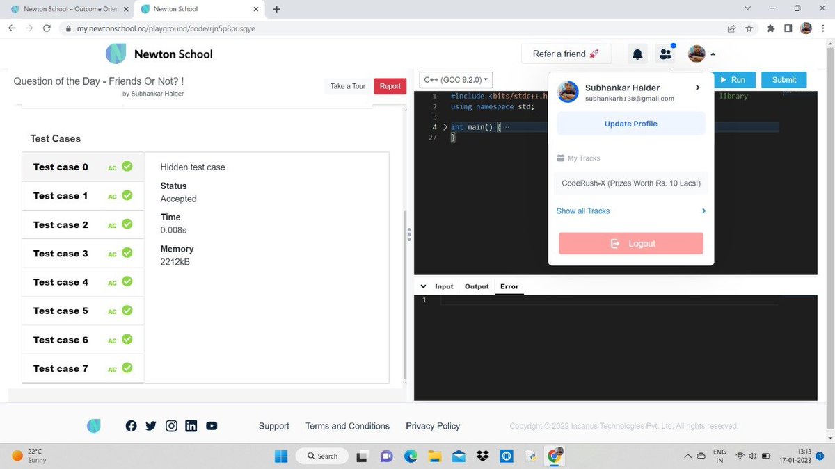 Subhankar938's tweet image. Today I have Friends Or Not?!using C++ . 
#language_used
#Day2 of #30daysofcode
@everydaycoders #community #coding #programming #competitiveprogramming #codingchallenge #dsa #bubbleupcommunity