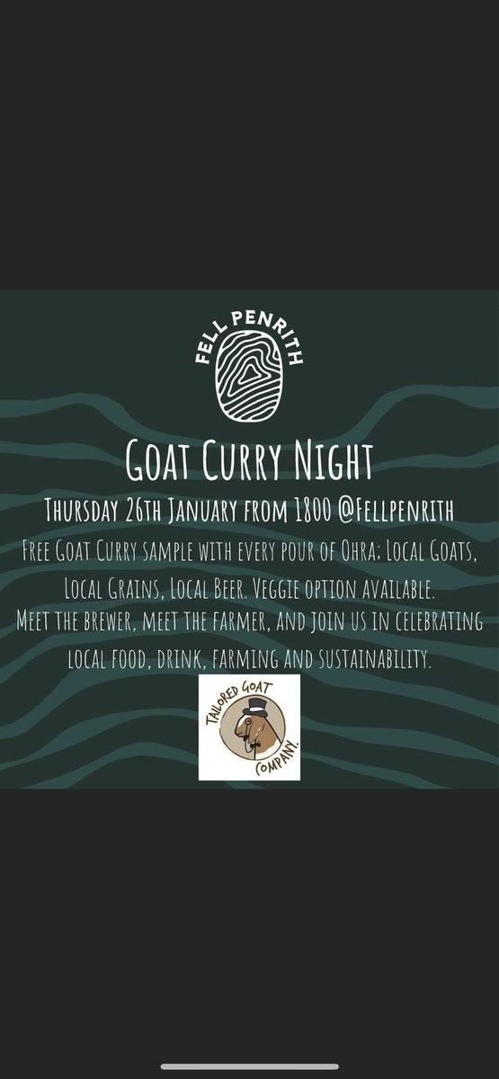 Why not come down to <a href="/FellBrewery/">Fell Brewery</a> penrith next week for a fab evening showcasing local Cumbrian businesses working together producing sustainable local food and drink. Goats and barley from our farm just 5 miles from penrith #goatcurry #sustainability #foodmiles