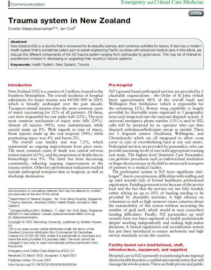 ECCM_official's tweet photo. #TraumaIssue: This article shows the different components of the New Zealand trauma system ranging from prehospital to governance. #Trauma #ECCM #EmergencyandCriticalCareMedicine
https://t.co/xr6CegXDuo https://t.co/Pcn3hL7RYZ