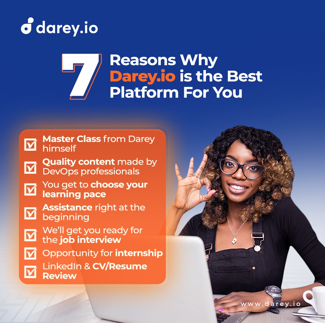 darey_io's tweet image. While you are weighing your options, here are 7 reasons to help you decide if Draey.io is the best platform for you to start your DevOps career in this new year.
Send us a DM to get started or sign up on darey.io today.
#transitiontotech #DevOps