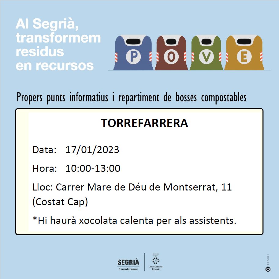 Avui podeu trobar-nos per Torrefarrera.  Farem enquestes  i resoldrem els dubtes que tingueu sobre reciclatge.  <a href="/SegriaResidus/">Segrià Residus</a> <a href="/AjTorrefarrera/">AjTorrefarrera</a> #CompromisSegrià #TerradePonent #RecollidaSelectiva #Reciclatge #Orgànica #compostatge