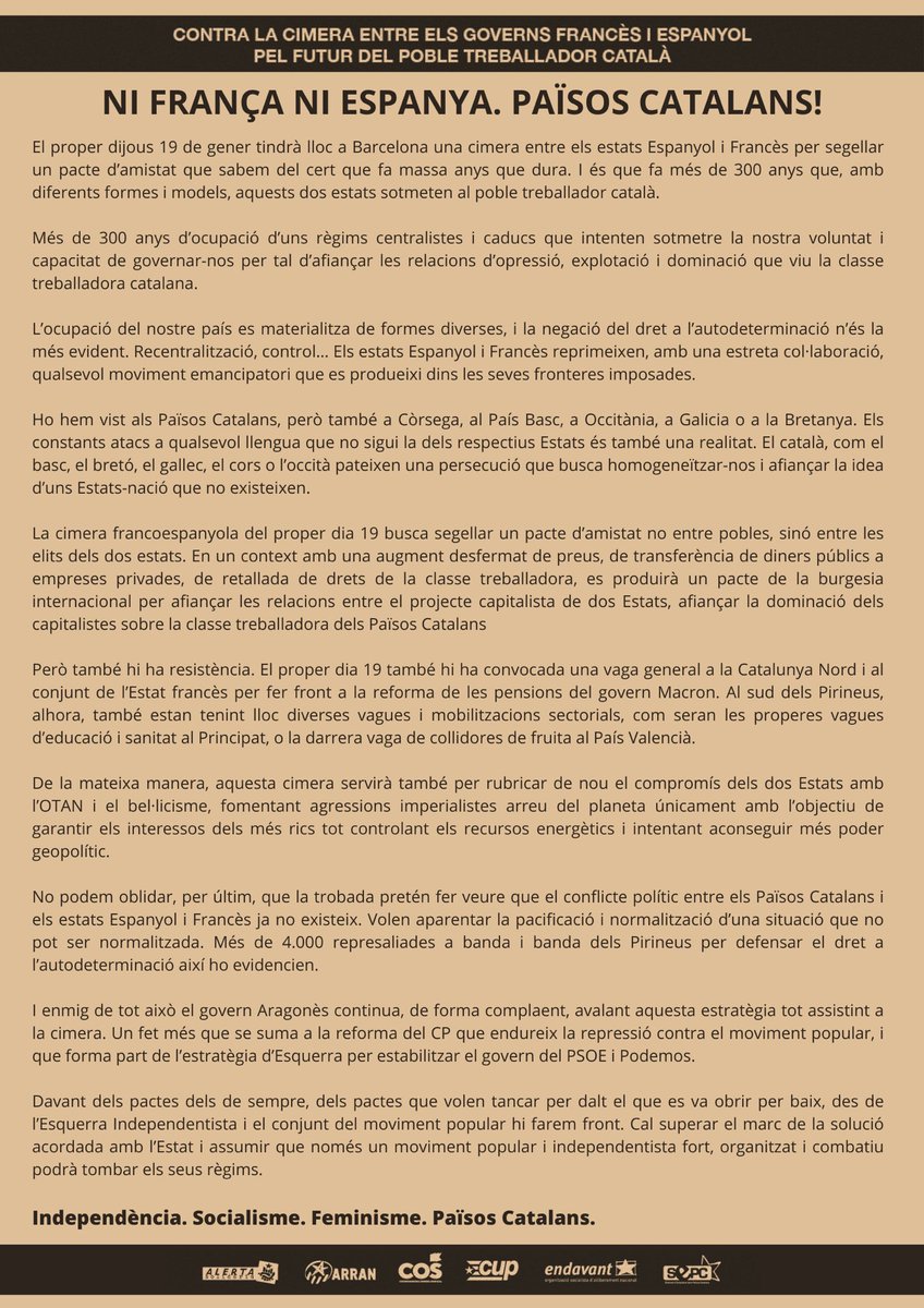 ➡️ Aquest dijous omplim els carrers contra la cimera entre els governs francès i espanyol, pel futur del poble treballador català!

📅 19 de gener, 9:00

📍 Quatre columnes de Puig i Cadafalch, Barcelona