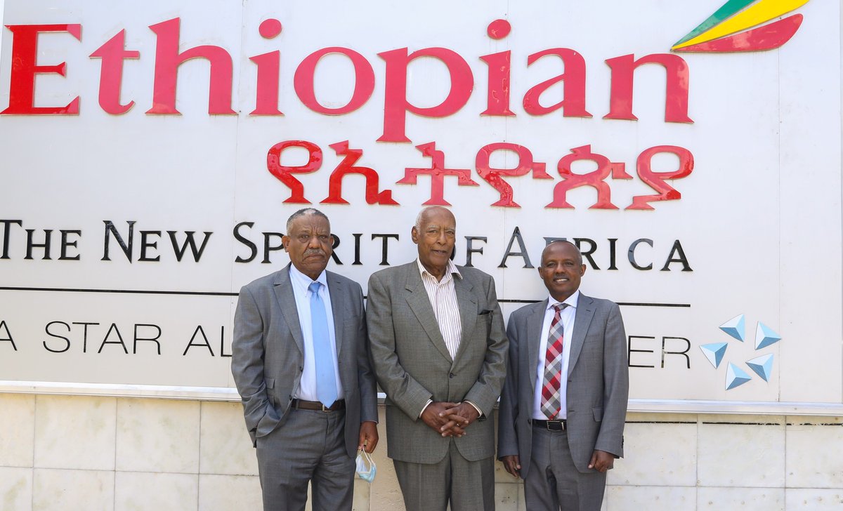 flyethiopian's tweet image. We’re glad to welcome to our HQ the first Ethiopian CEO of ET, Col. Simret Medhane who led the Airline about half a century ago, from 1971-75. Col. Simret was hosted by former CEO and current ET Management Board Chairman, Mr Girma Wake, and the current CEO Mr Mesfin Tasew.