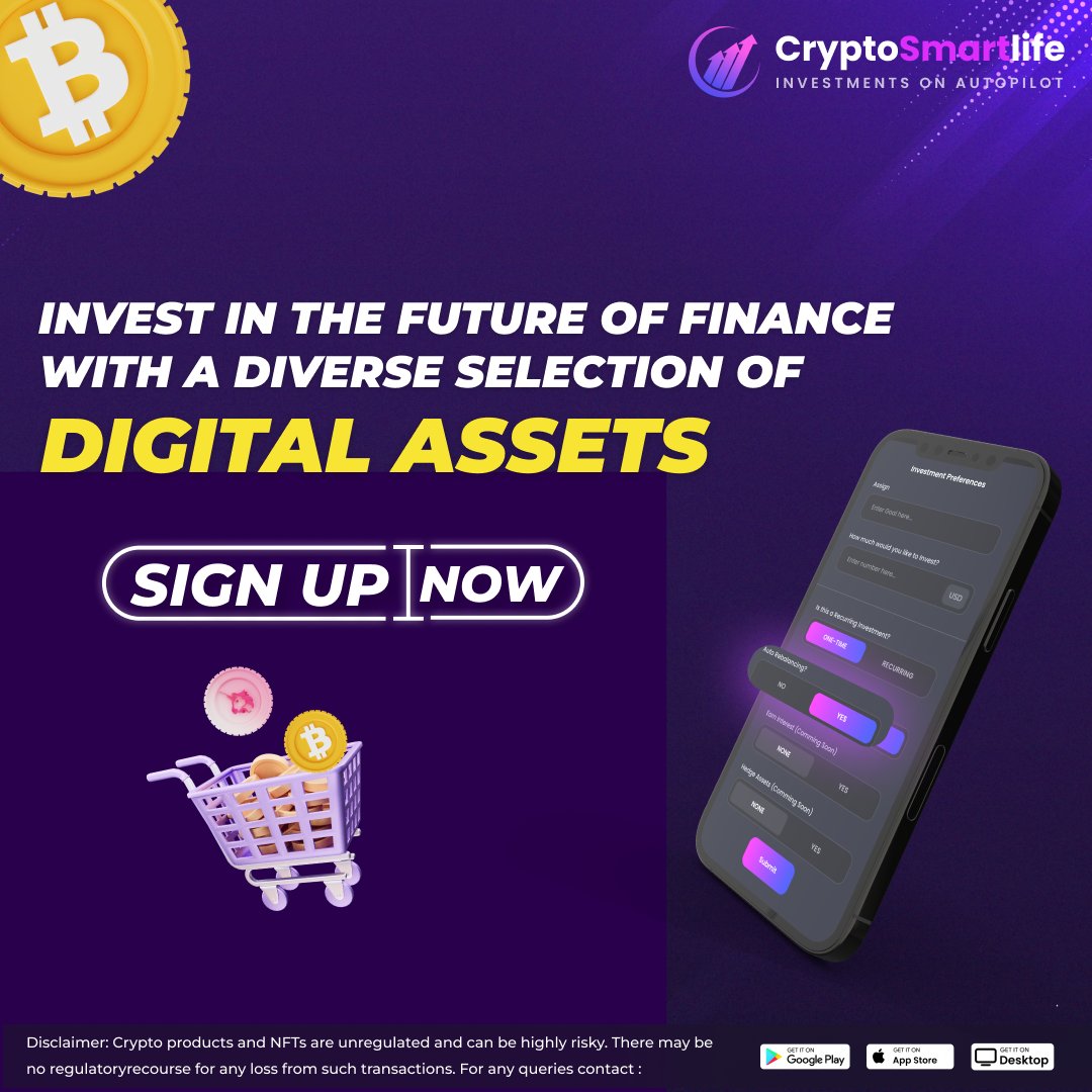 CryptoSmartlife's tweet photo. π° Invest in Future of Finance with diverse selection of Digital Assets
β
Take smart investing decisions with #CryptoSmartlife
β³ Recurring Investments
πͺ #Crypto Baskets
βοΈ Bring your own exchange
π Sign-up now: https://t.co/aHVusD0bNG
#Binance #NFTCommunity #BTC #USDT https://t.co/As1xbnfbwK