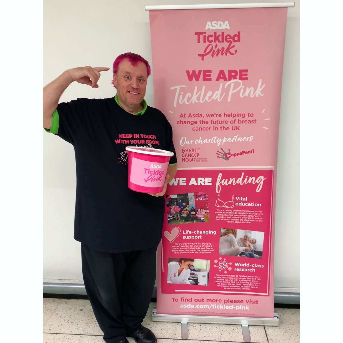 AsdaNewark's tweet photo. Congratulations to Ambient Colleague, Michael, who has had a successful match funding application🎉
Michael dyed his hair pink to fundraise for Tickled Pink, a cause close to his heart. He raised £208.84 via sponsorship &amp; a match funding grant👏🏻🎉@BreastCancerNow @CoppaFeelPeople https://t.co/PxvddgztOn