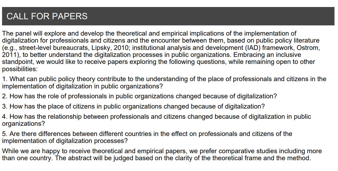 Lahat Lihi (@lahatlihi) on Twitter photo If you are interested in âImplementing Digitalization in the Public Sector: Professionalsâ and Citizensâ Points of Viewâ. Please consider submitting an abstract to our (co-chair <a href="/KlenkTanja/">Tanja Klenk</a>) panel #ICPP6 @IPPA IPPA - List of Panels (ippapublicpolicy.org). If you are interested in âImplementing Digitalization in the Public Sector: Professionalsâ and Citizensâ Points of Viewâ. Please consider submitting an abstract to our (co-chair <a href="/KlenkTanja/">Tanja Klenk</a>) panel #ICPP6 @IPPA IPPA - List of Panels (ippapublicpolicy.org).