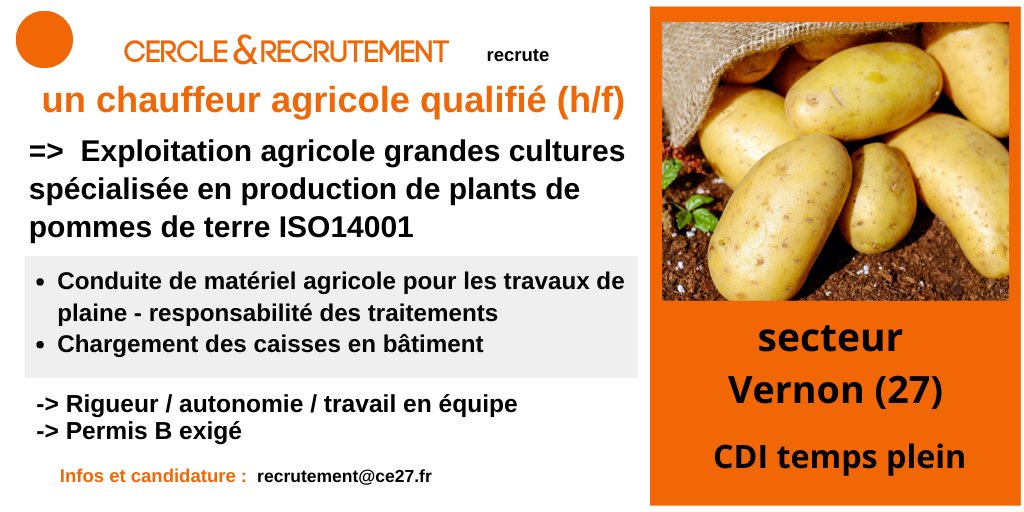 CercledEchanges's tweet image. @CercledEchanges spécialiste du #Recrutement en #agriculture et cherche un salarié qualifié pour une exploitation spécialisée en pommes de terre @EMS14001 Poste #CDI secteur @VilledeVernon @EureenNormandie @Agri_Normandie @EureAgricole @FranceAgricole @Limpartial27