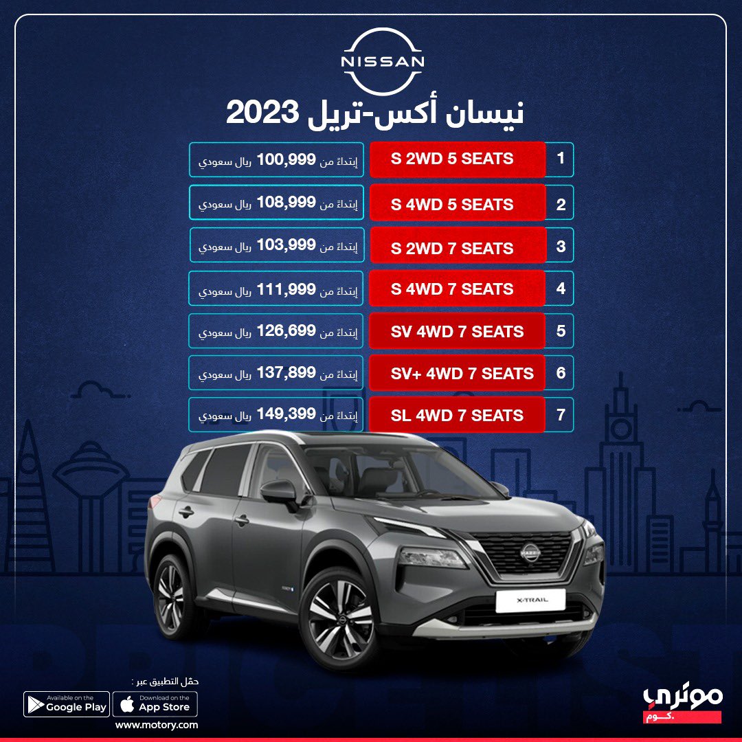 أسعار وفئات #نيسان #اكس_تريل 2023 

شاركونا رأيكم 💭

#نيسان #اكس_تريل
#Nissan #Xtrail
 #NissanXtrail #DefyOrdinary #NissanSaudi