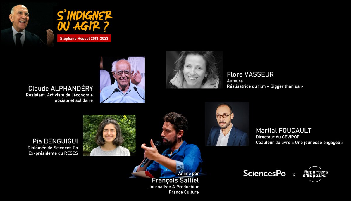 Rdv 18h30 à <a href="/sciencespo/">Sciences Po</a> où j'aurai le plaisir d'animer une conversation autour de l'héritage de Stéphane Hessel et des nouvelles formes de mobilisations. 
Avec @florevasseur,Claude Alphandery, Pia Benguigui 
@le_RESES et <a href="/MartialFoucault/">Martial Foucault</a>🎼 <a href="/cyrilmokaiesh/">Cyril Mokaiesh</a>
👉eventbrite.fr/e/billets-sind…