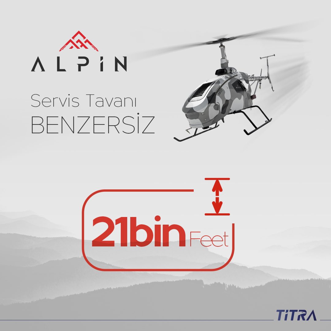 Tek tuşla dikey iniş/kalkış yapabilen #ALPİN 21 bin feet servis tavanı ile yüksek irtifada zoru başarıyor, zamana ve koşullara meydan okuyor. 💪🏻 🚁

#Titra #insansızhelikopter #unmannedsystems #highaltitude