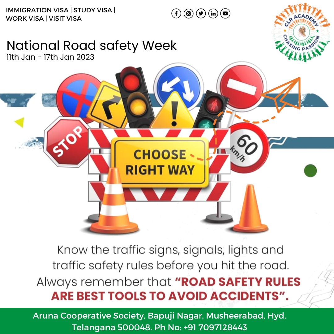 Happy #nationalroadsafetyday from Team CLR Academy

#CLRAcademy #bestcoachingcenternearme #bestcoachingcenterinameerpet #education #IELTS #Telangana #hyderabad #Ameerpet #findapro #recommended #recommendation #Natioanl_road_safety_day_2023 #roadsafetyday #traffic #drive #safety