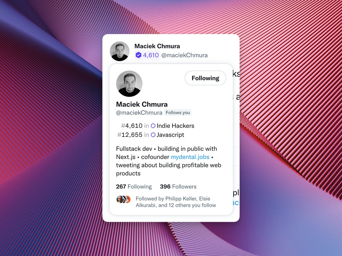 Piotr Kulpinski (@piotrkulpinski) on Twitter photo <a href="/maciekChmura/">Maciek Chmura</a> I've recently found a great platform to find new people to follow: hive.one/c/indie-hackers
They've also recently launched a Chrome extension that show you stats from those lists directly in Twitter 🤯 <a href="/maciekChmura/">Maciek Chmura</a> I've recently found a great platform to find new people to follow: hive.one/c/indie-hackers
They've also recently launched a Chrome extension that show you stats from those lists directly in Twitter 🤯