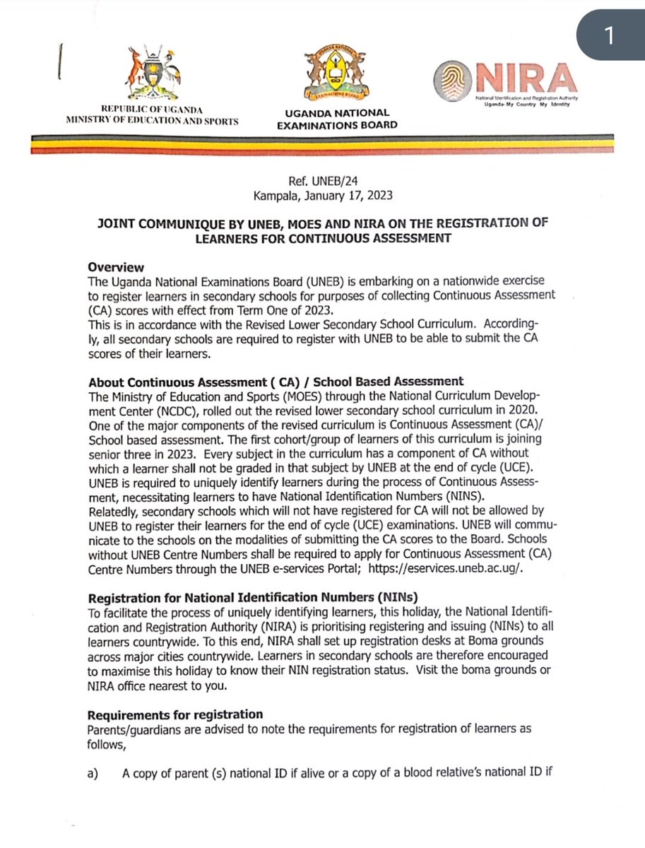 UNEB_UG's tweet photo. Joint communique by  UNEB, @Educ_SportsUg and @NIRA_Ug on the registration of leaners for continuous assessment. https://t.co/SrNEDhgUk6
