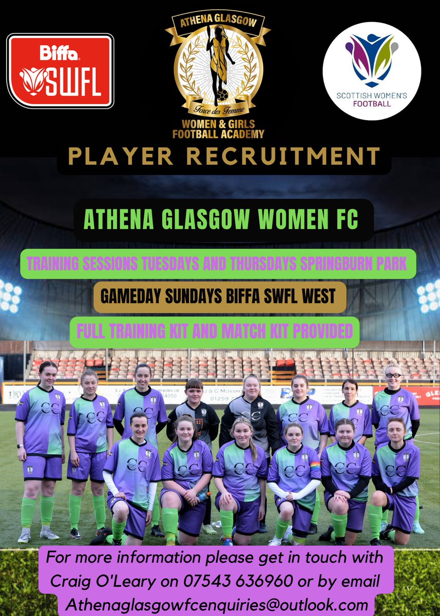 We are looking to recruit experienced players to bulk and boost our squad.

If you are looking for a fresh challenge or want to get back into the game, please get in touch.

📞 07543636960
📩 athenaglasgowfcenquiries@outlook.com

💜💚⚽🖤💛