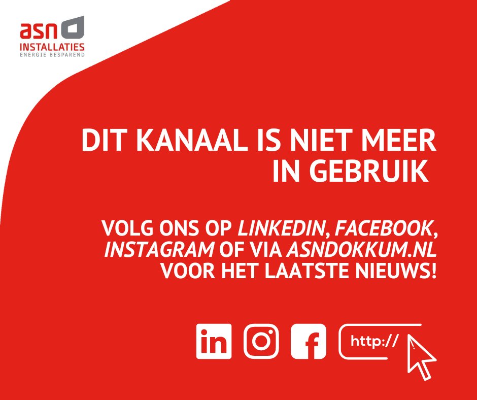 𝐃𝐢𝐭 𝐤𝐚𝐧𝐚𝐚𝐥 𝐢𝐬 𝐧𝐢𝐞𝐭 𝐦𝐞𝐞𝐫 𝐢𝐧 𝐠𝐞𝐛𝐫𝐮𝐢𝐤 🚨

Volg ons op LinkedIn, Facebook, Instagram of via asndokkum.nl voor het laatste nieuws op het gebied van duurzaamheid en installatietechniek!

#duurzaamheid #asndokkum #asninstallaties