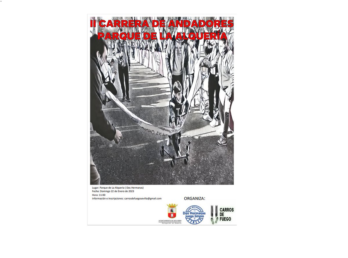 CarrosFuegoSevi's tweet photo. 📢📢📢Carrera de andadores a la vista📢📢📢
🗓️22 enero
📍Parque La Alquería, Dos Hermanas
✍️información e inscripciones en carrosdefuegosevilla@gmail.com
¡Os esperamos! https://t.co/iq5tjVidot