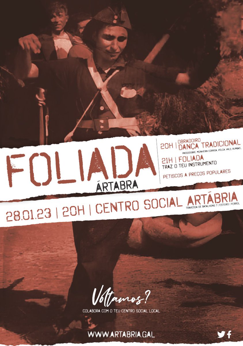 ⚠️ Atençom #Trasancos‼️
Iniciamos umha programaçom para ir recuperando aos poucos a atividade do Centro Social

Eis a primeira 👇

🥁 Foliada Ártabra
📅 28 de janeiro
🕒 20h
📌 Fundaçom Artábria

▪️Obradoiro de dança com Uxio Leira | 20h
▪️Foliada | 21h

Traz o teu instrumento‼️