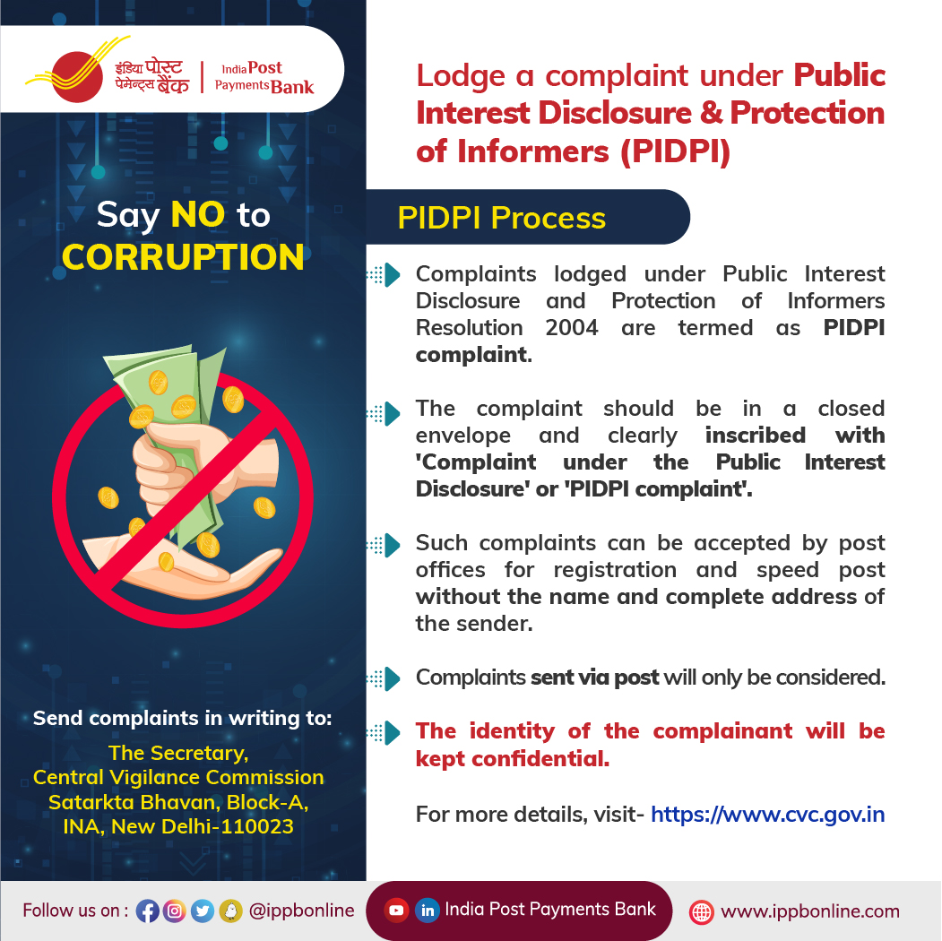IPPBOnline's tweet image. Complaints related to corruption can be lodged under #PIDPI. @IPPBOnline is part of this fight against corruption. #SayNoToCorruption
@CVCIndia  

#Aapkabankaapkedwaar #Bankingatlastmile #AmritMahotsav