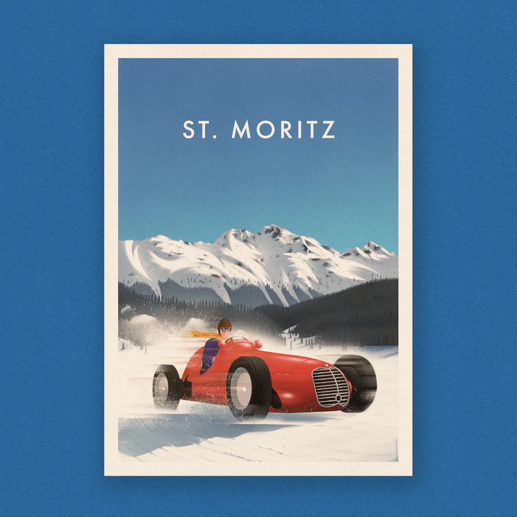 This is a fan art poster of the International Concours of Elegance, a show and a race of vintage classic race cars held in St. Moritz. 
@theicestmoritz 
<a href="/stmoritz/">サンモリッツ</a> 
What makes this event special, besides the scenery, is that the show is set up on the froz… instagr.am/p/Cngmcg2o2dJ/