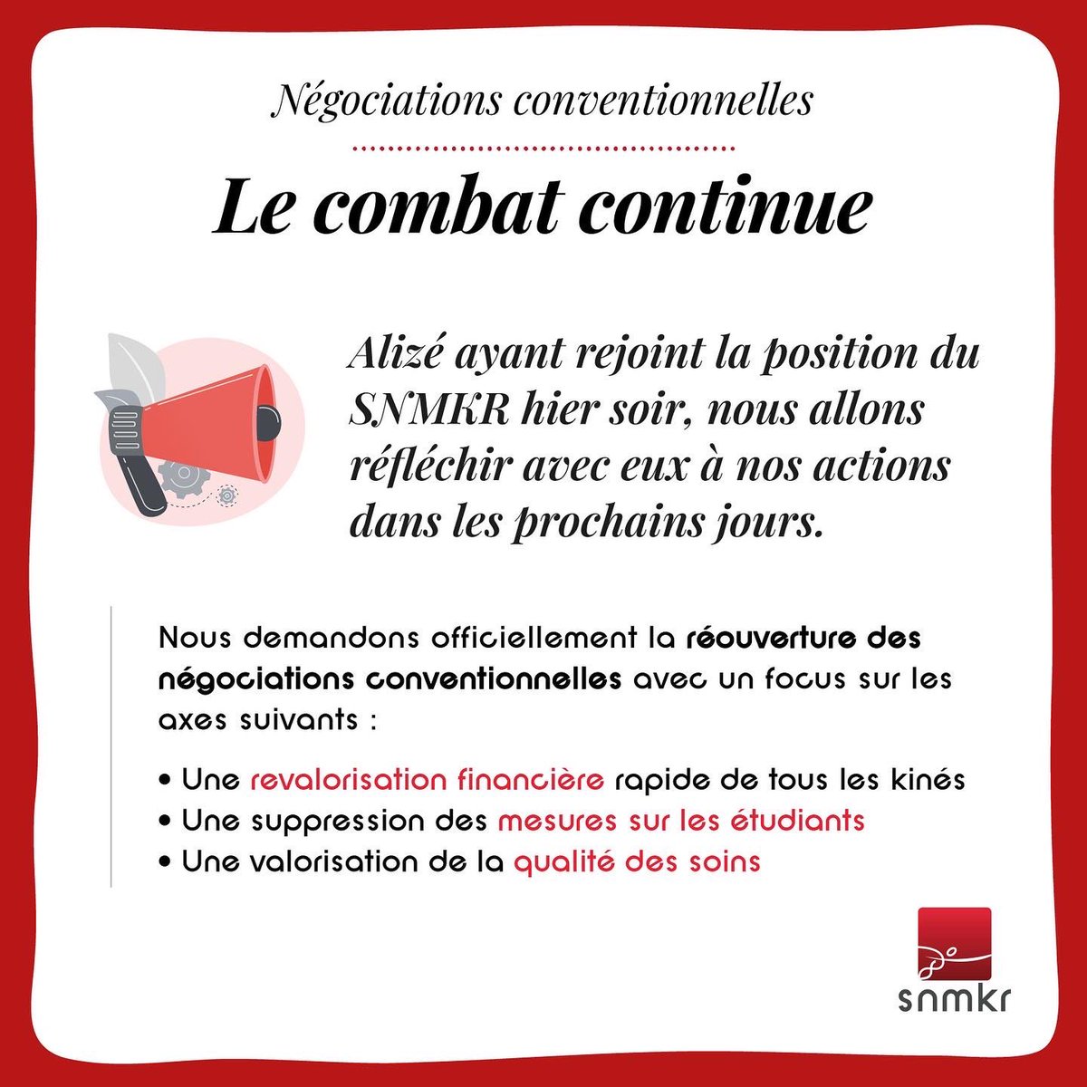 L'avenant 7 signé le 16 décembre dernier ne s’appliquera pas ! Le SNMKR avait rapidement décidé de s'opposer. Alizé a rejoint hier cette position hier.

Le combat continue ✊ #teamkine
