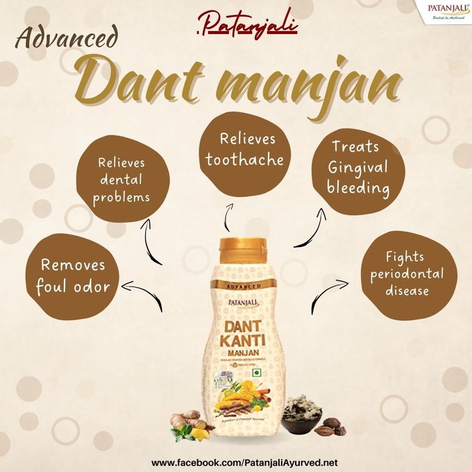 Patanjali Dant Kanti Manjan is a herbal manjan containing herbs and ayurvedic ingredients and essential oil. It is also helpful in:

✅ Relieves toothache

✅ Treating gingival bleeding

✅ Fights periodontal disease

✅ Relieves dental problems

✅ Removes foul odor
#Patanjali