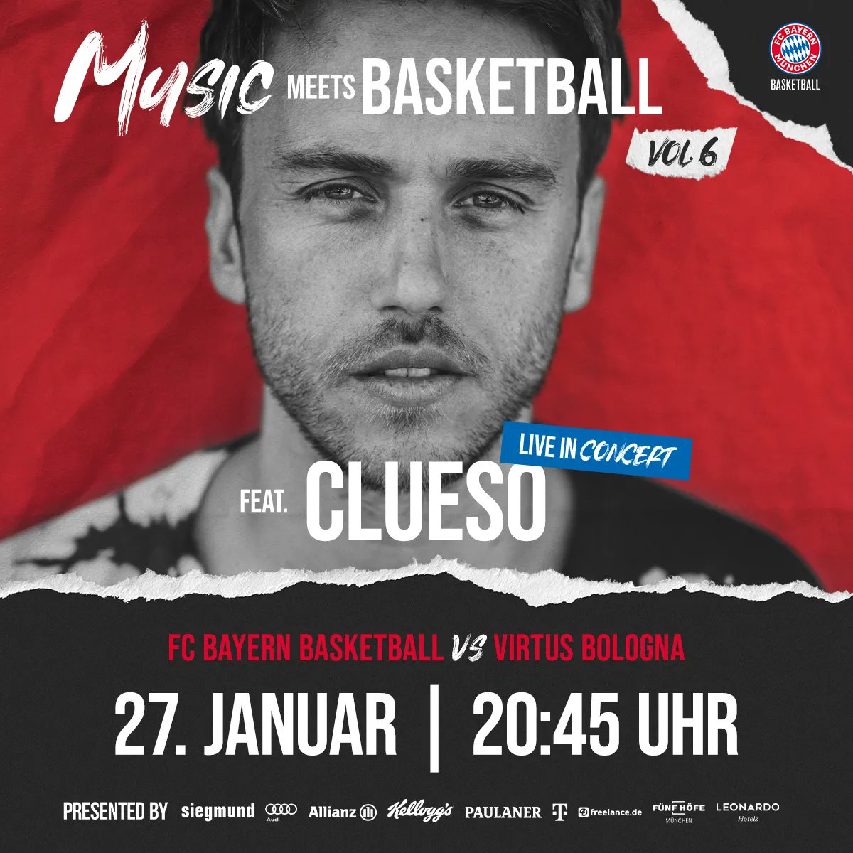🎶x🏀 „Music meets Basketball“ mit <a href="/cluesomusik/">Clueso</a> am 27. Januar!
Top Euroleague Spiel <a href="/FCBBasketball/">FC Bayern Basketball</a> vs @VirtusSegafredo mit toller Musik.
Auf welche Top-Songs freut ihr euch und was ist euer Tipp?
#fcbb #MusicMeetsBasketball #clueso  #freelancede #freelance #weballtogether