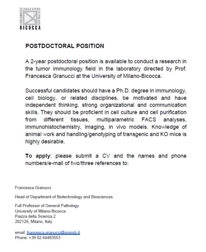 #WeAreHiring!Are you interested in study #tumorImmunology? This is your opportunity! We are looking for a talented and motivated postdoc for a 2-year position in the cellular and molecular immunology lab <a href="/GranucciLab/">Granucci Lab</a> headed by Francesca Granucci 
<a href="/BtBsUNIMIB/">Dipartimento di Biotecnologie e Bioscienze-UNIMIB</a>. Look at this 👇👇👇
