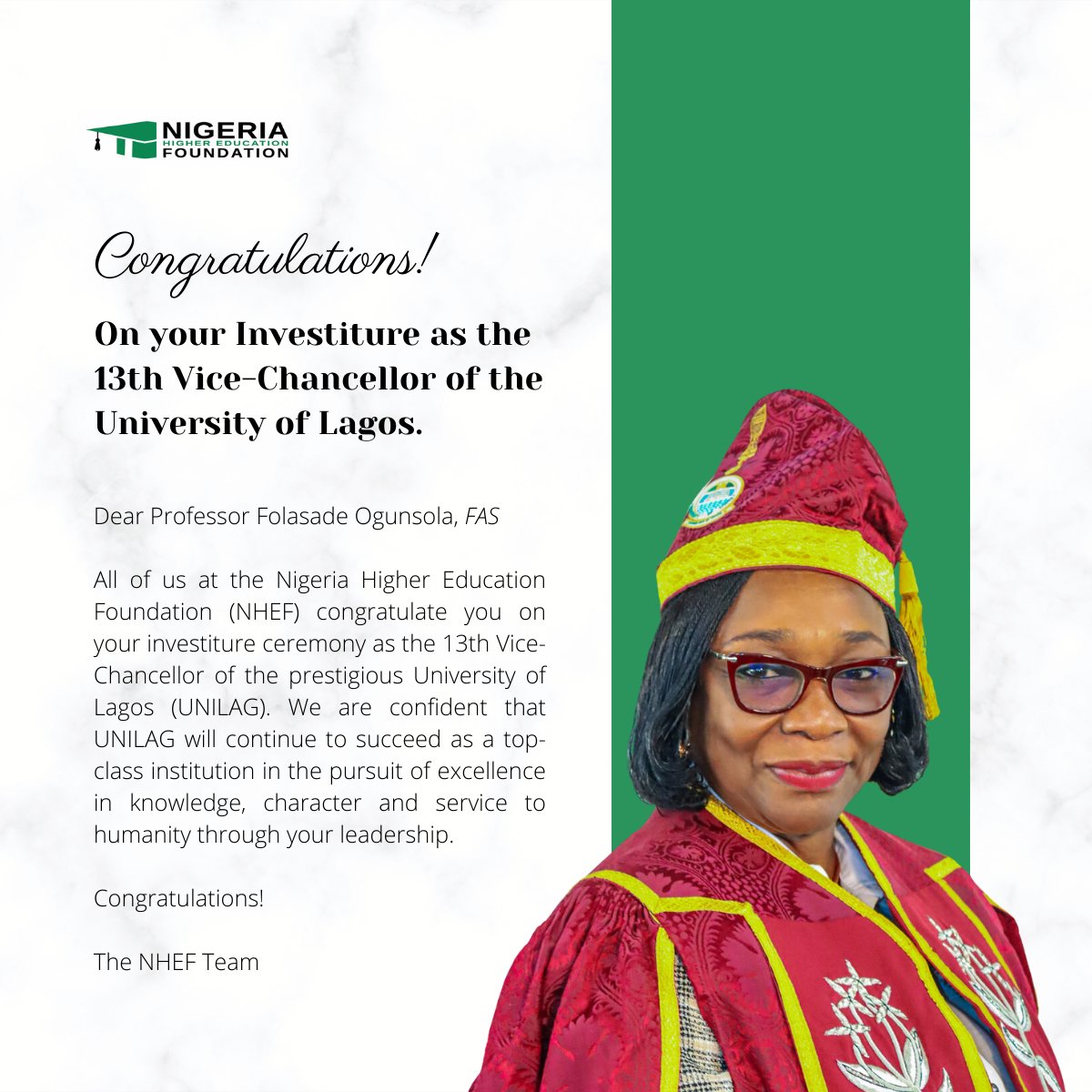 TheNHEF's tweet photo. Congratulations to Professor Folasade Ogunsola, FAS, on her investiture as the 13th Vice-Chancellor of the University of Lagos.
#NHEF #Unilag #Unilagconvocation #Unilag60thanniversary #ScholarsProgram #NHEFScholarsProgram #Highereducation https://t.co/KQYaim0YQP