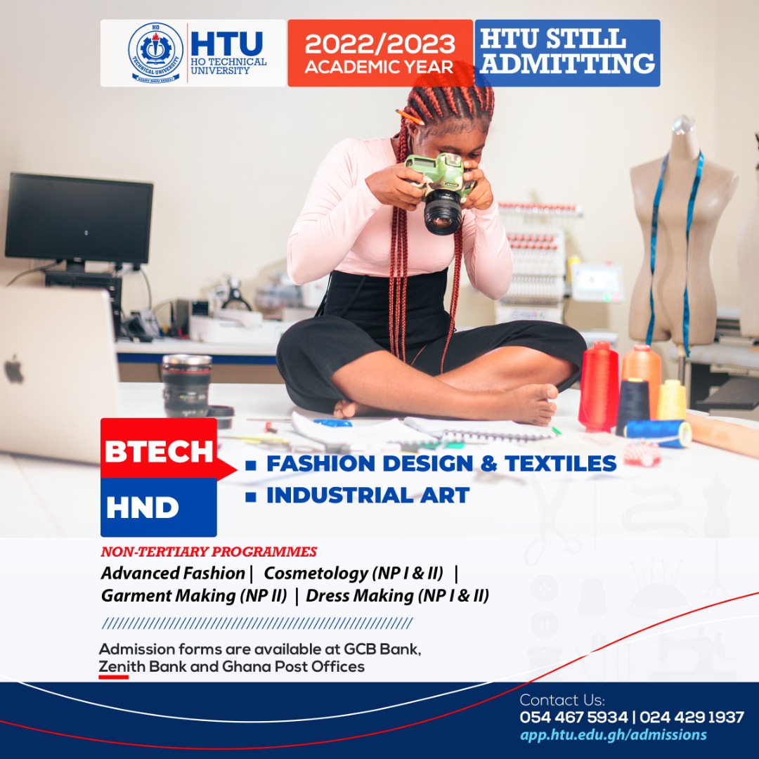 Official_HTU's tweet photo. Hone your creative skills in the Faculty of Art &amp; Design. Be your own boss in the fashion &amp; creative arts industries.
Cost of e-voucher is GHc180.00.
Visit https://t.co/WiRvF9QRQH for details or call/whatsapp on 0362-290-146 / 0501-404-891 / 0501-404-994.

#HTUAdmissions https://t.co/tmsBxmvM9c