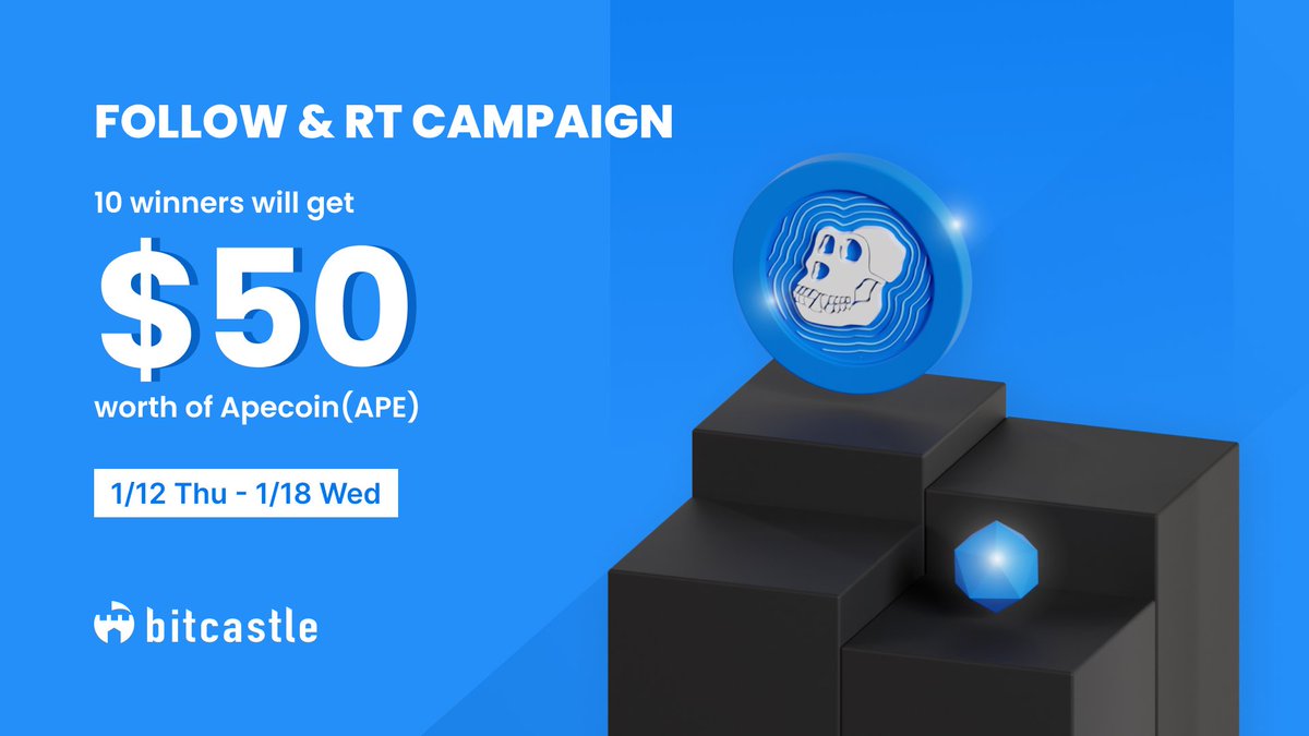 📅DAY6
🎉Celebrating Listing🎉

Follow RT Campaign💙🔁
／
🎁$50 APE for 10 lucky winners‼
＼

✅Follow us
🔁RT this post

#bitcastle　
#Crypto　
#Cryptocurrency
#Airdrop 　
#airdrops
#AirdropCrypto
#Giveaway
#Giveaways
#ApeCoin
#BoredApeYachtClub
#BAYC